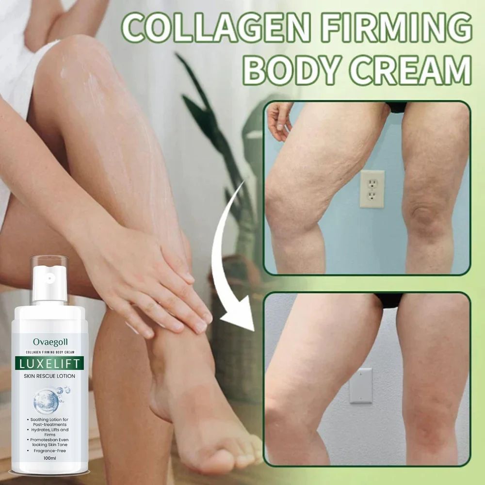 Two bottles of Celebrity LuxeLift Collagen Firming Body Cream, 100ml each, with colorful packaging, displayed side by side.