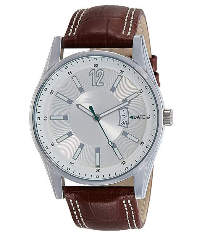 Men's analog watch with black leather strap and silver dial, stylish men's watch by brand 14358.