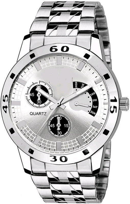Men's analog watch with a black leather strap and silver dial, featuring classic hour markers and a round face by brand 14358.