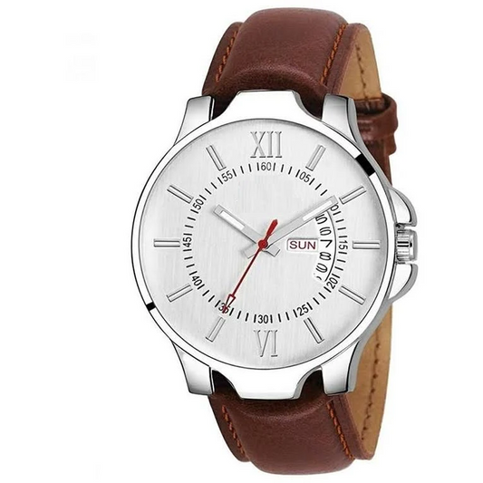 Men's analog watch by 14358 with a classic round dial, silver case, and leather strap, showcasing a stylish timepiece for men.