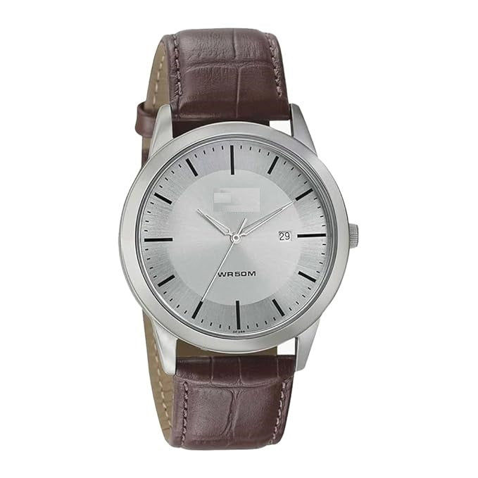 Silver men's analog watch with a sleek round dial and stainless steel band, stylish timepiece by 14358.