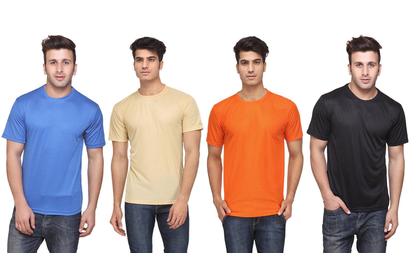 Set of four men's Ketex polyester Dri-Fit half-sleeve round neck T-shirts in multicolor, made for active wear.