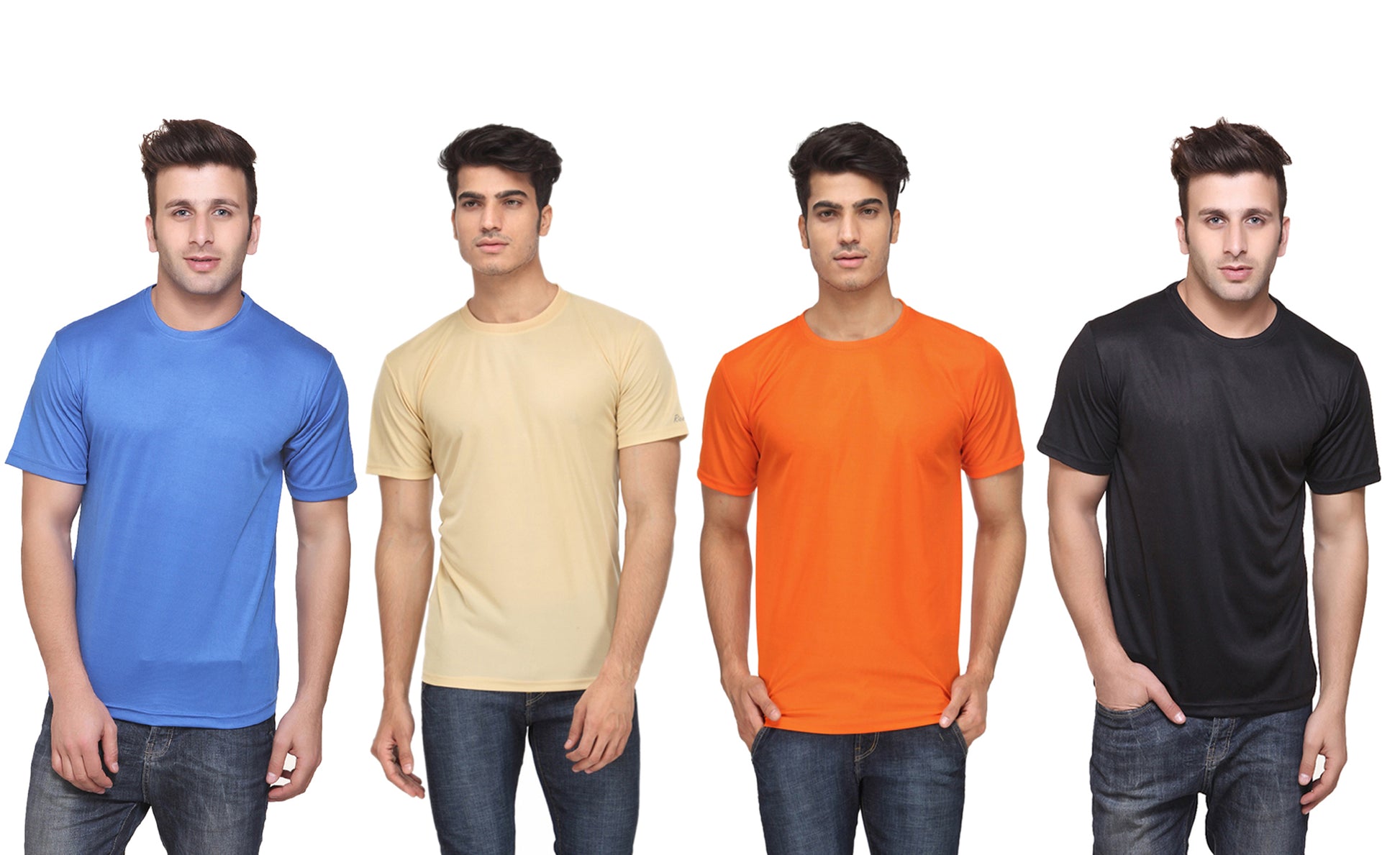 Set of four men's Ketex polyester Dri-Fit half-sleeve round neck T-shirts in multicolor, made for active wear.