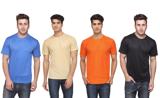 Set of four men's Ketex polyester Dri-Fit half-sleeve round neck T-shirts in multicolor, made for active wear.