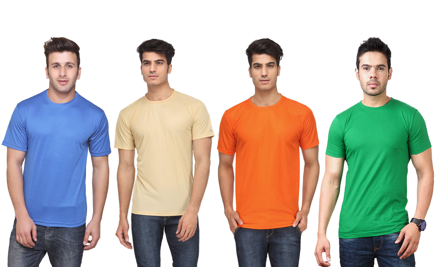 Pack of four multicolor men's Ketex polyester Dri-Fit half-sleeve round neck T-shirts, 2XL size, casual athletic style.