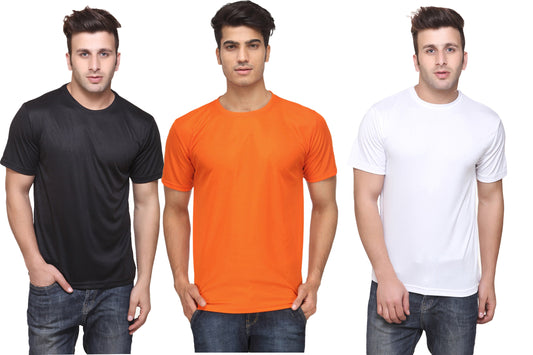 Set of three multicolor men's polyester blend Dri-Fit round neck T-shirts by 14398, shown in various colors and sizes.