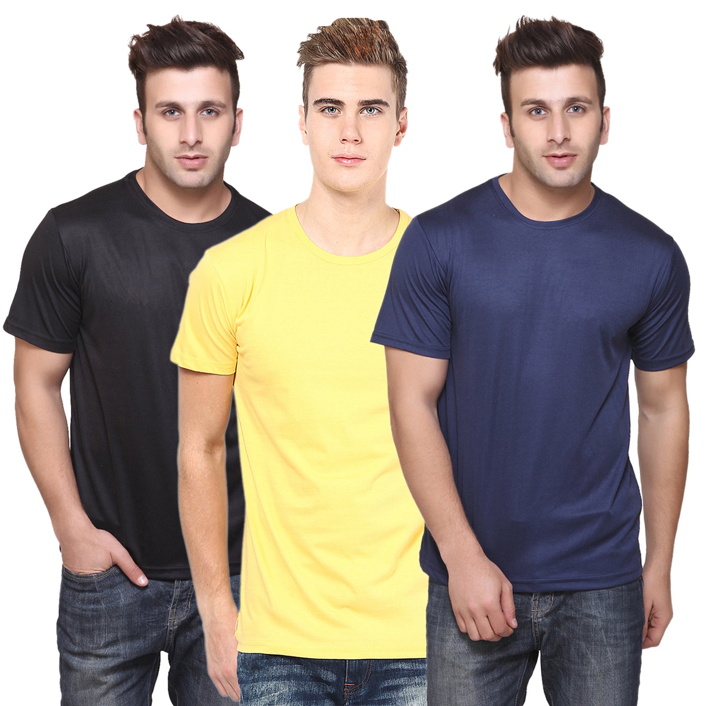 Set of three men's polyester blend Dri-Fit T-shirts with round neck in multicolor, by 14398, for active wear.