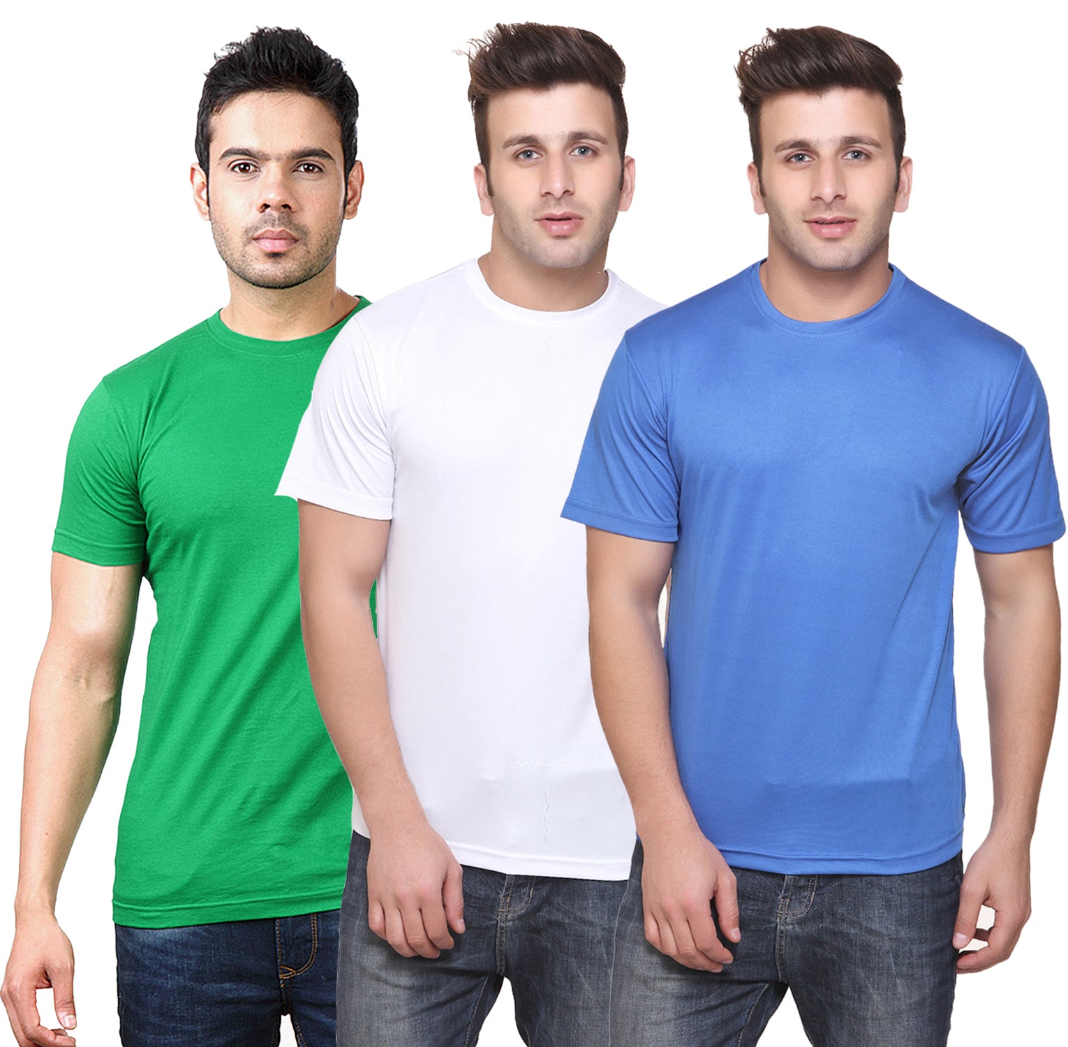 Set of three men's Ketex Dri Fit polyester blend round neck T-shirts in multicolor, shown laid flat with vibrant colors and comfortable fit.