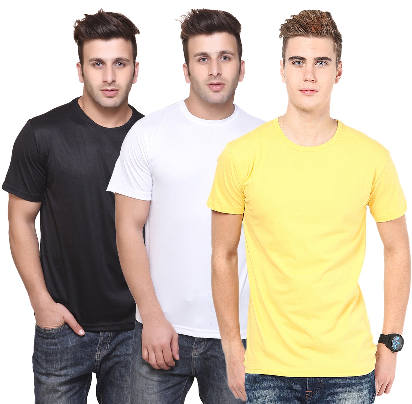 Set of three multicolor men's polyester blend Dri-Fit round neck T-shirts by Ketex, displayed on hangers.