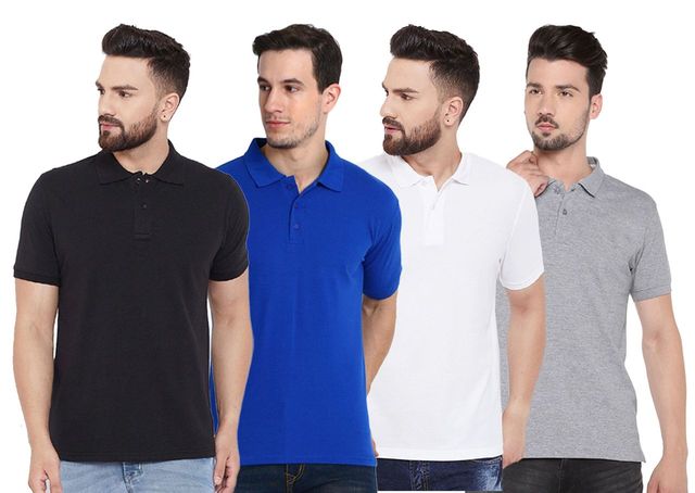 Set of four men's premium polo T-shirts in black, white, royal blue, and grey by 14398, shown laid flat.