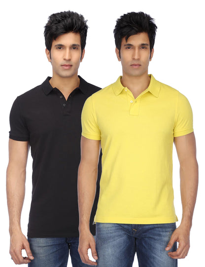 Two multicolor men's cotton blend half-sleeve polo T-shirts by 14398, shown in 2XL size, comfortable casual wear.