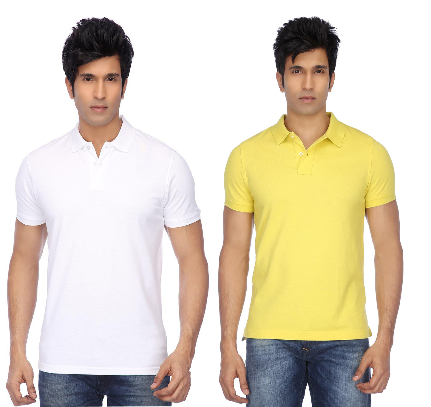 Multicolor men's cotton blend half-sleeve polo T-shirts by 14398, pack of 2, featuring classic collar and casual style.