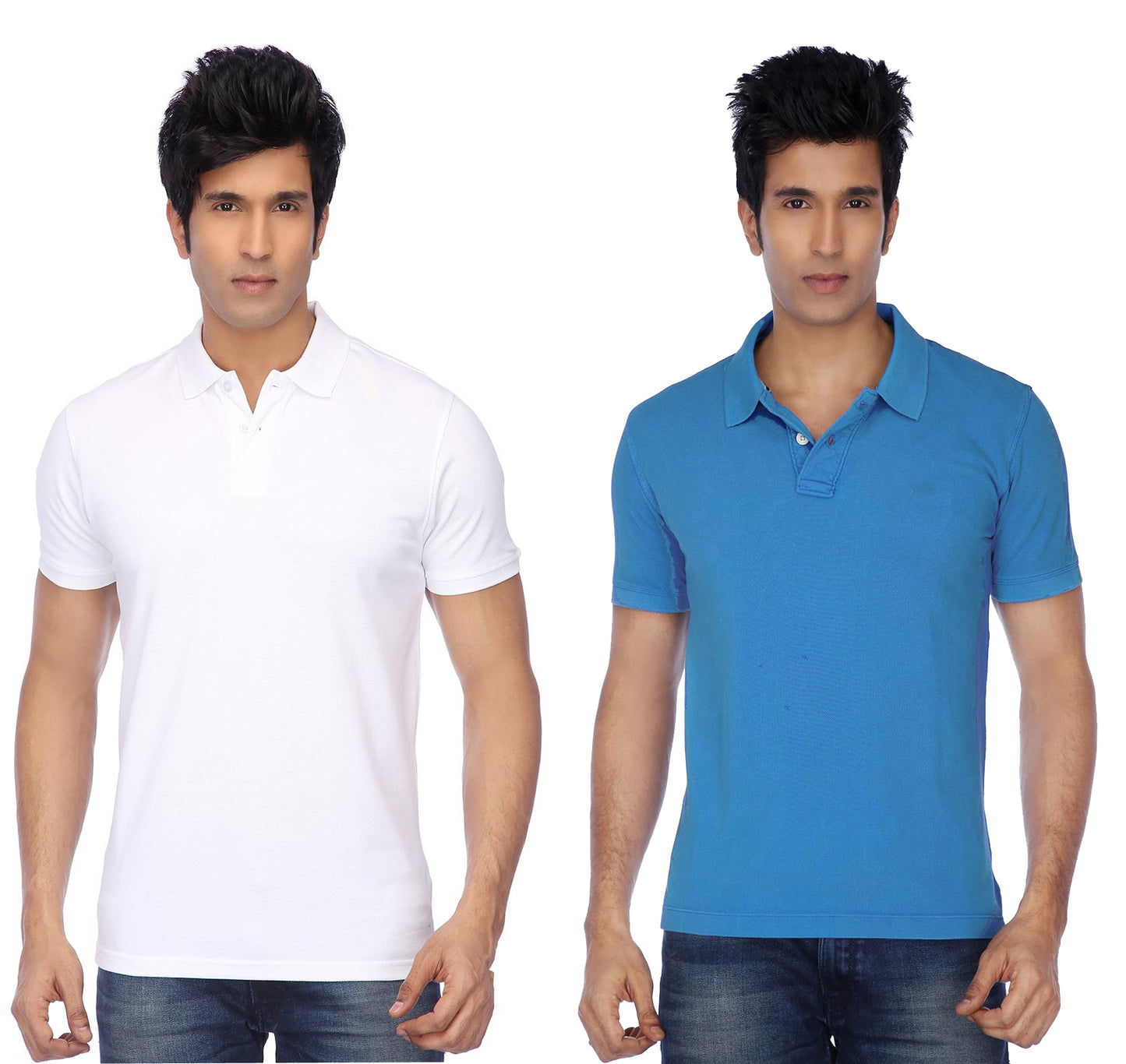 Multicolor men's cotton blend polo T-shirts by 14398, half sleeves, pack of 2, stylish casual T-shirts.