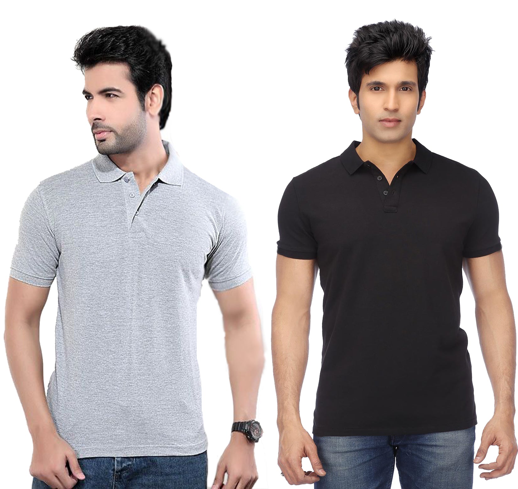 Multicolor men's cotton blend half-sleeve polo T-shirts by 14398, pack of 2, casual style with collared design.