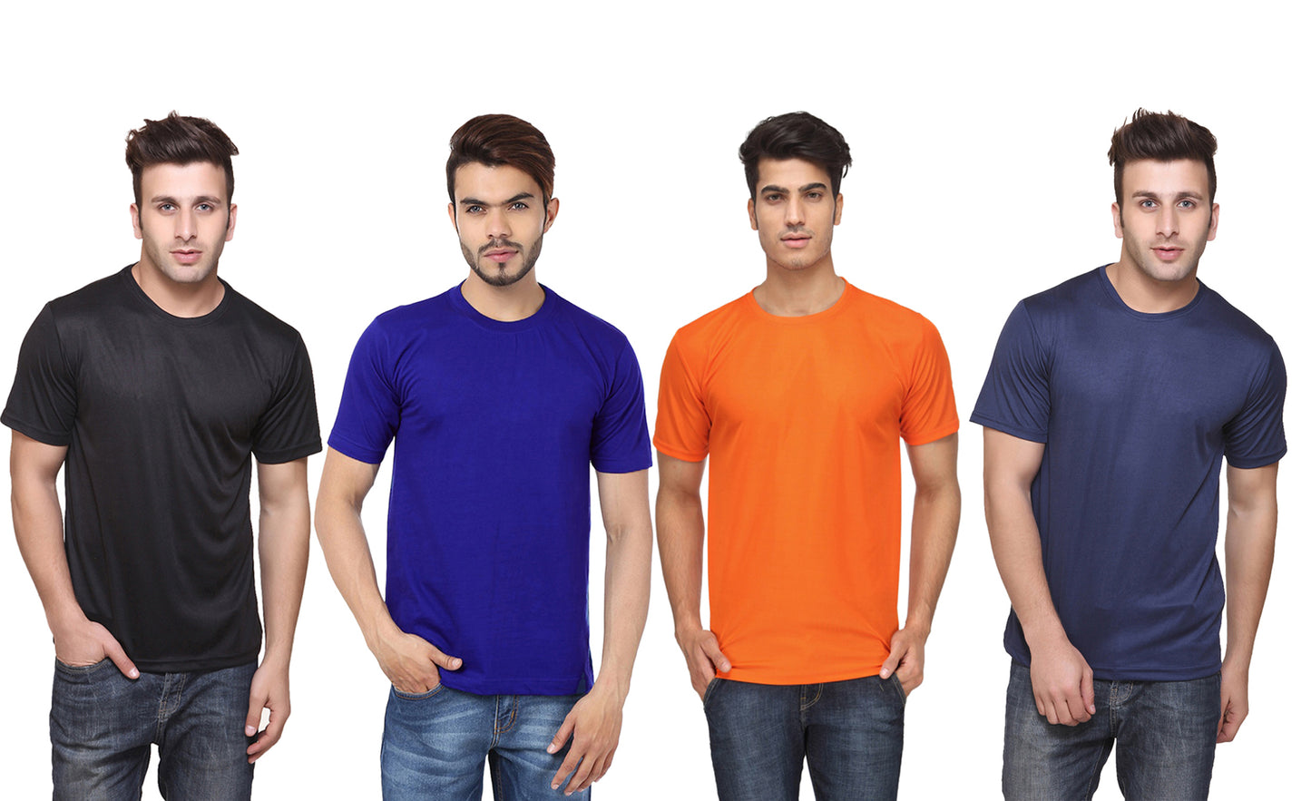 Set of four multicolor men's Ketex polyester Dri-Fit round neck half-sleeve T-shirts, size 2XL, casual and breathable.