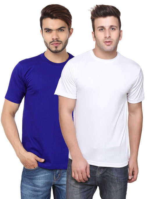 Set of two multicolor men's polyester blend Dri-Fit round neck T-shirts by 14398, displayed flat in size 2XL.