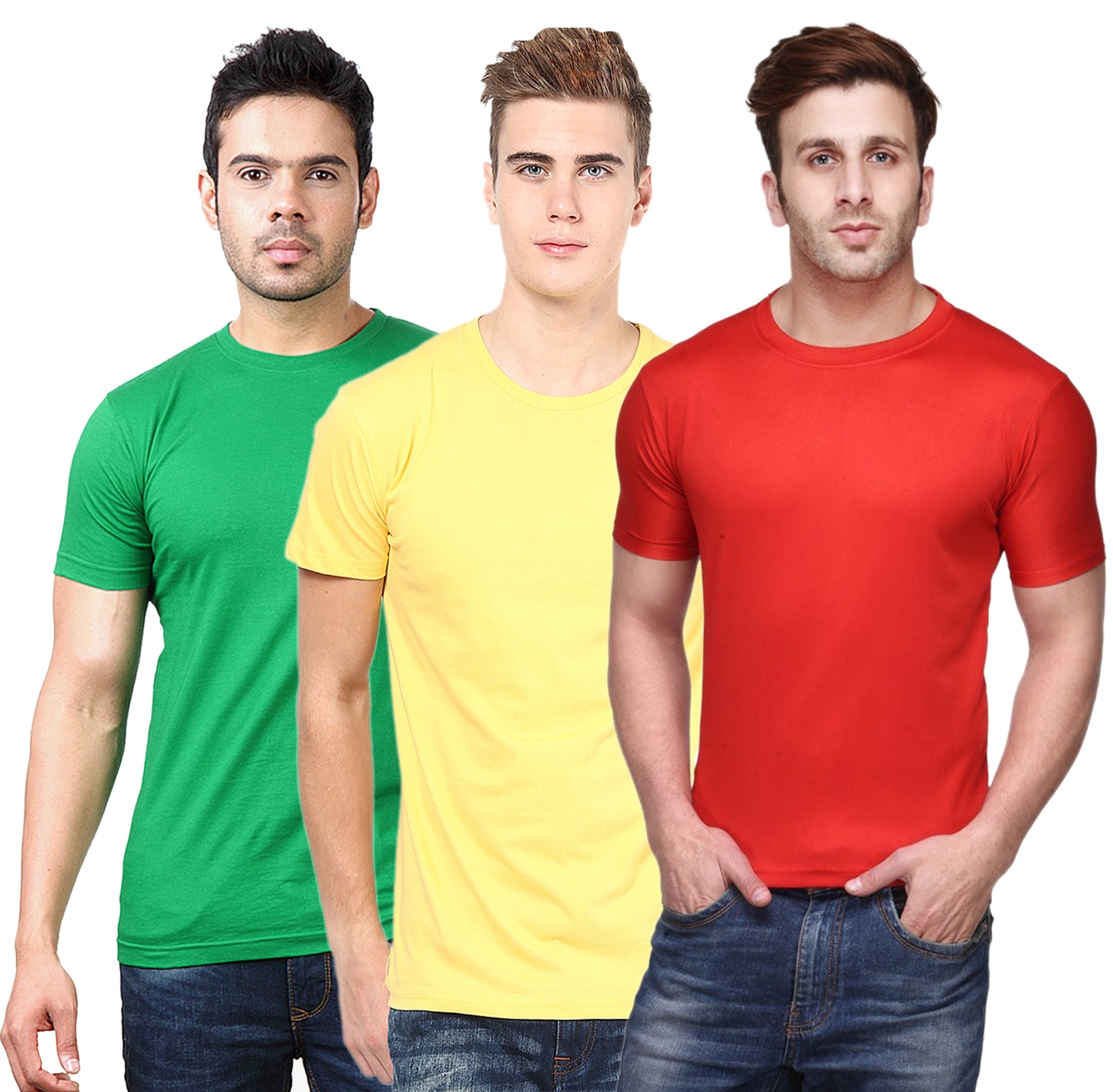 Set of three multicolor Ketex men's polyester blend dri-fit round neck T-shirts in 2XL size, shown laid flat.