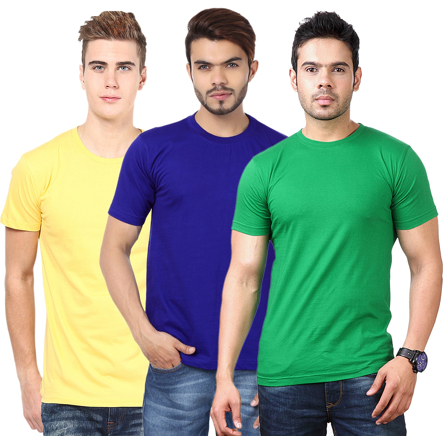 Set of three multicolor Ketex men's polyester blend dri-fit round neck T-shirts, size 2XL, shown laid flat.