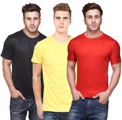 Set of three multicolor Ketex men's polyester blend dri-fit round neck T-shirts in 2XL size, shown in a pack.