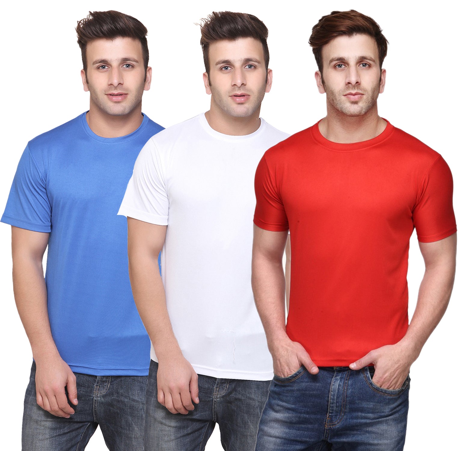 Set of three multicolor Ketex men's polyester blend Dri-Fit round neck T-shirts in 2XL, shown hanging flat.
