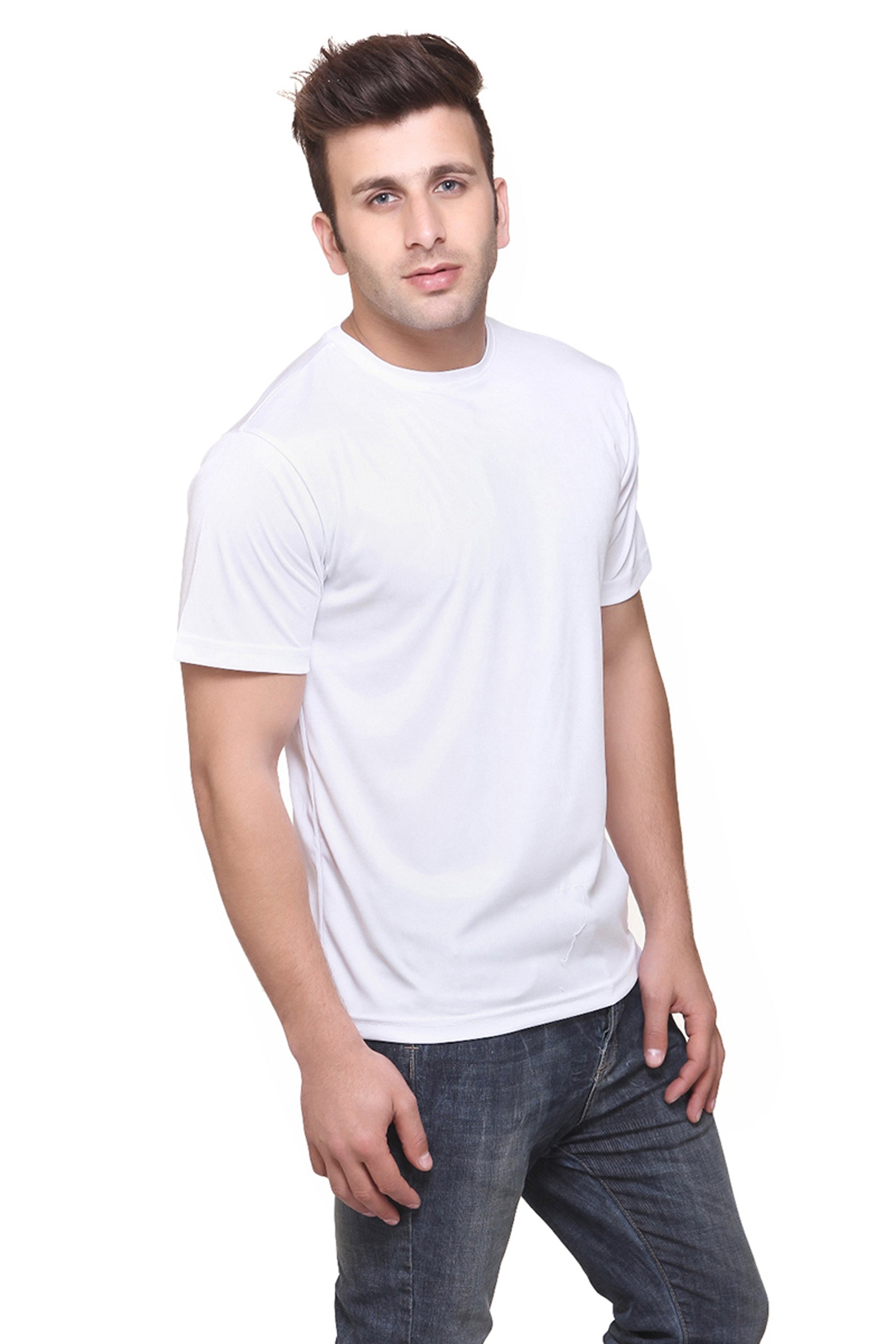 Set of three multicolor men's polyester blend Dri-Fit T-shirts with round necks by 14398, displayed in various colors.
