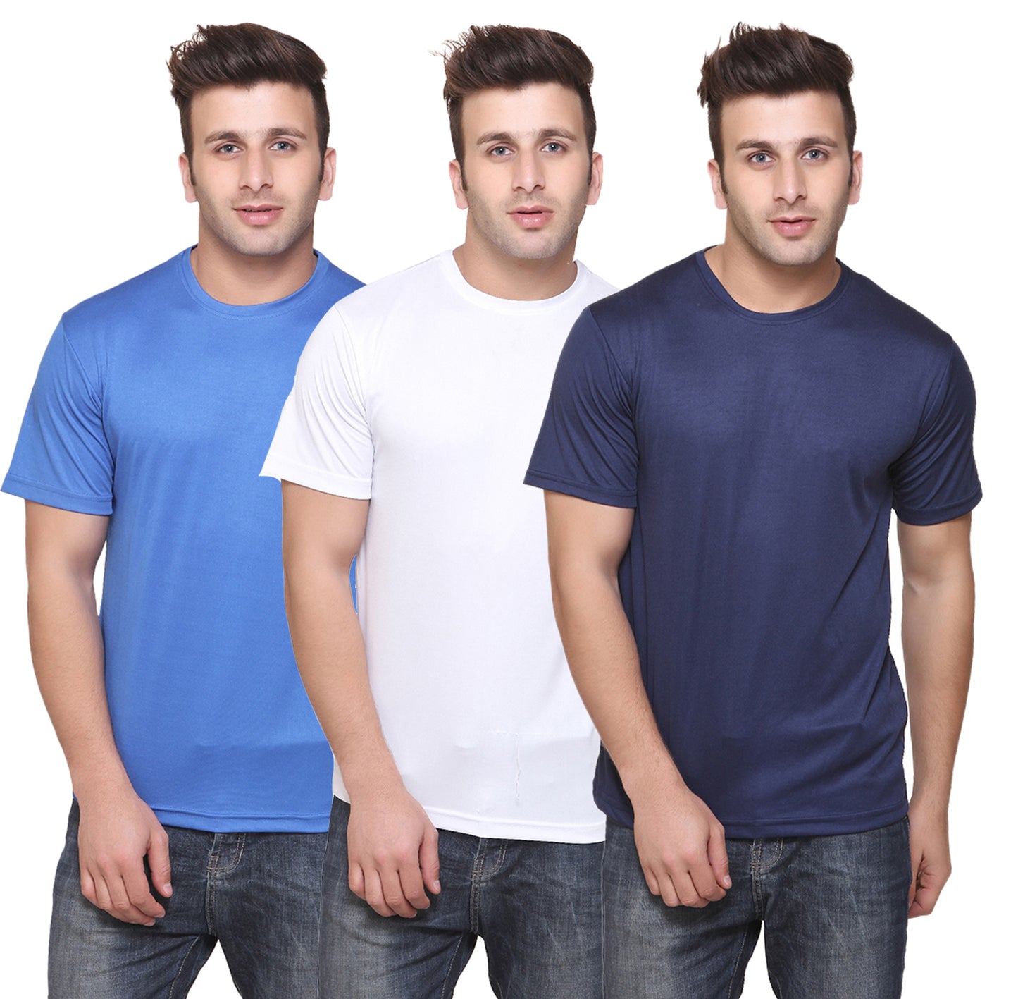 Set of three multicolor men's polyester blend Dri-Fit round neck T-shirts by 14398, shown in 2XL size.