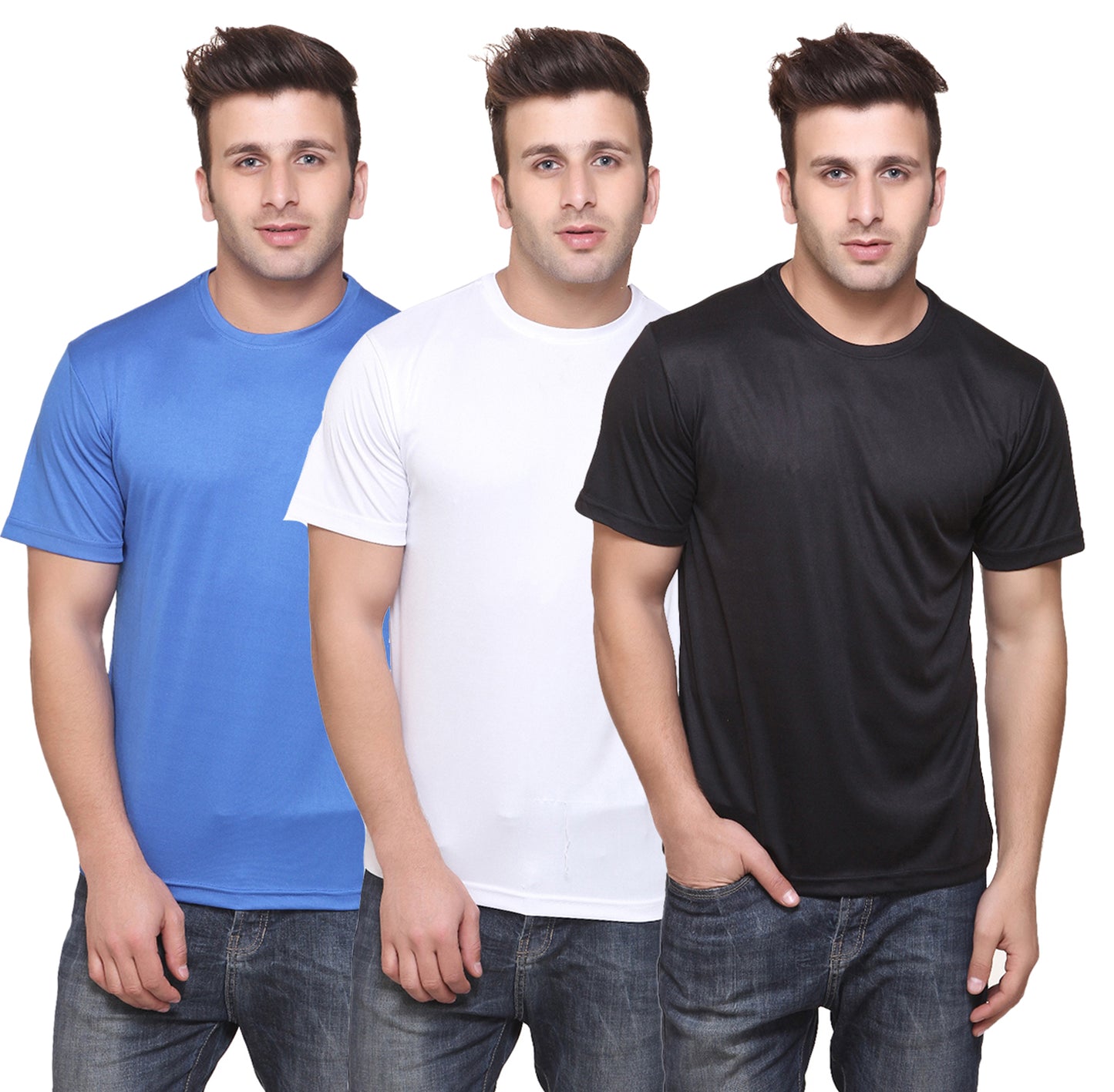 Set of three multicolor men's polyester blend Dri-Fit round neck T-shirts by Ketex, 2XL size, casual athletic style.
