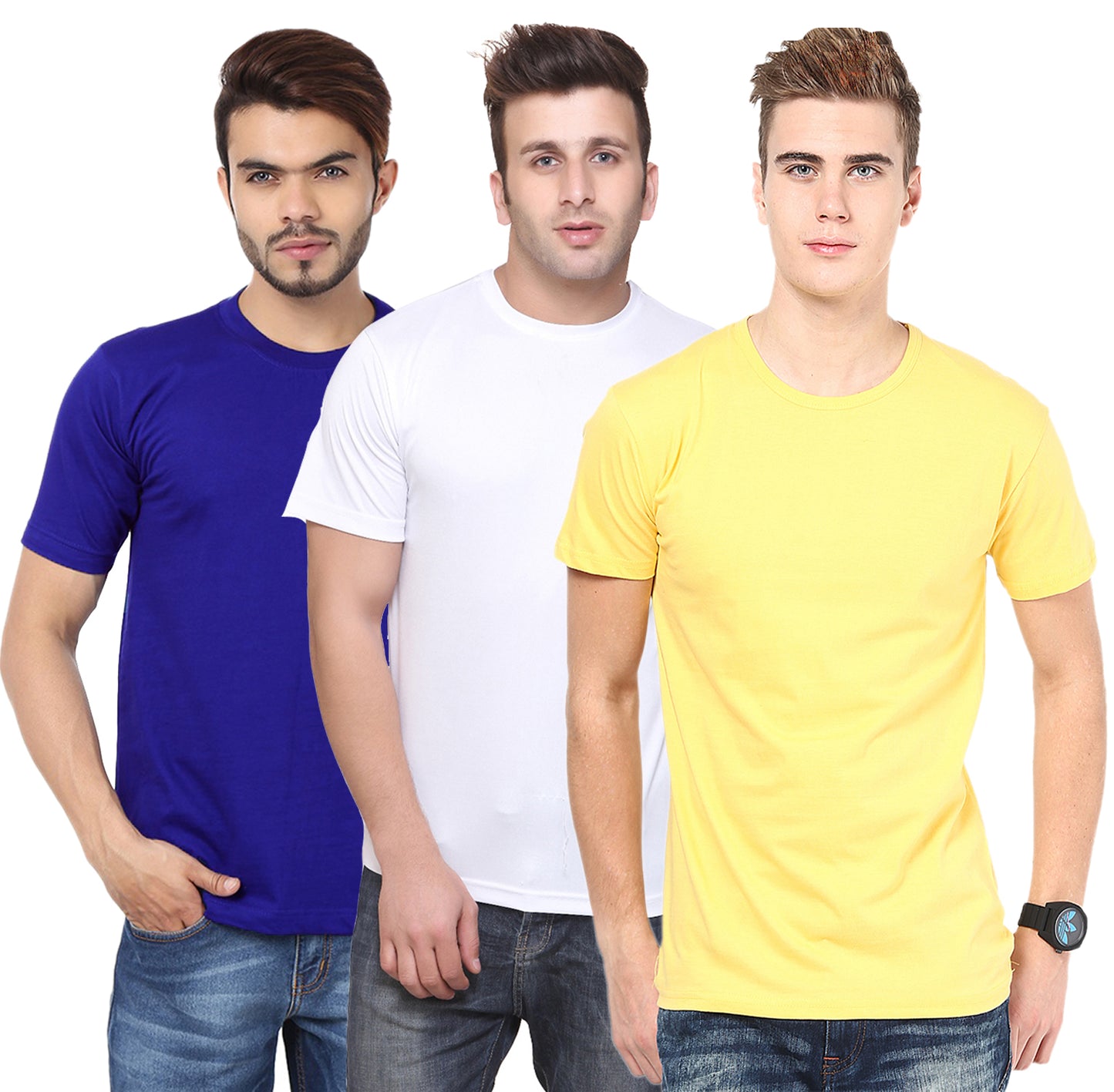 Set of three multicolor men's polyester blend Dri-Fit round neck T-shirts by 14398, shown in 2XL size.