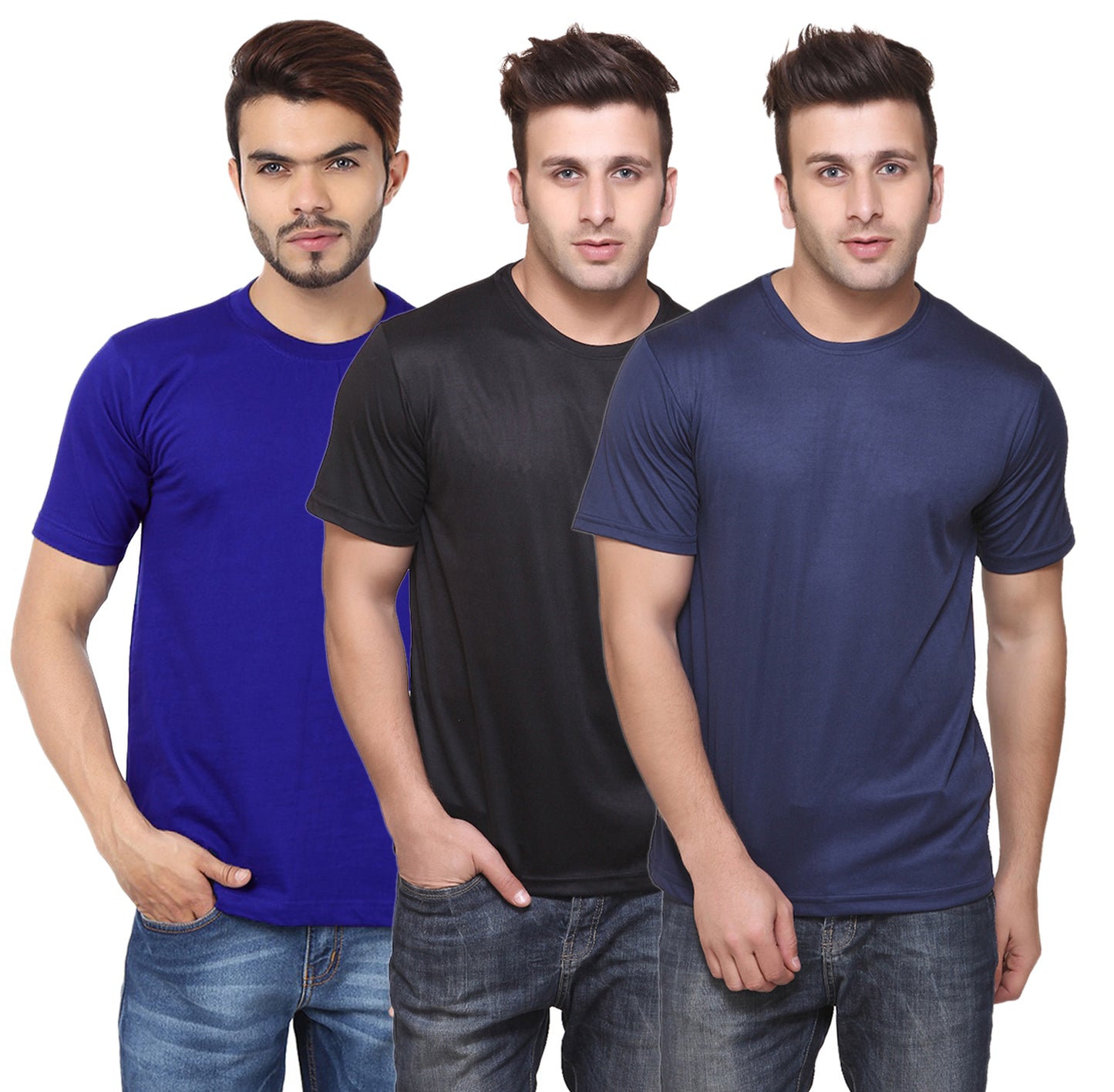 Set of three multicolor Ketex men's polyester blend dri-fit round neck T-shirts, size 2XL, casual wear for men.