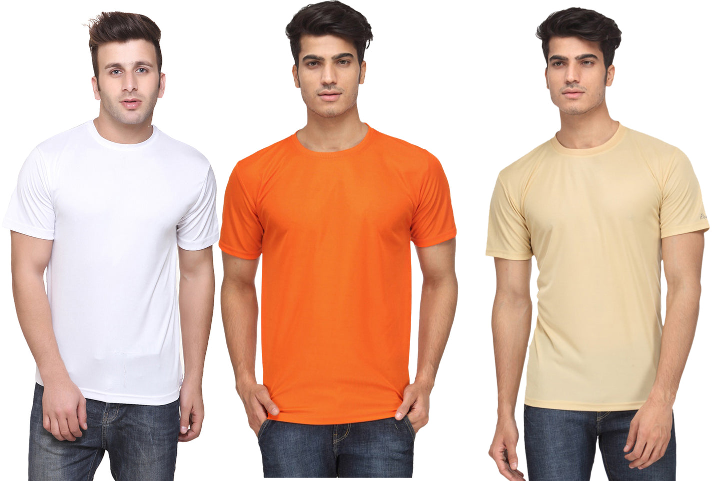 Set of three multicolor Ketex men's polyester blend Dri-Fit round neck T-shirts, 2XL size, displayed laid flat.