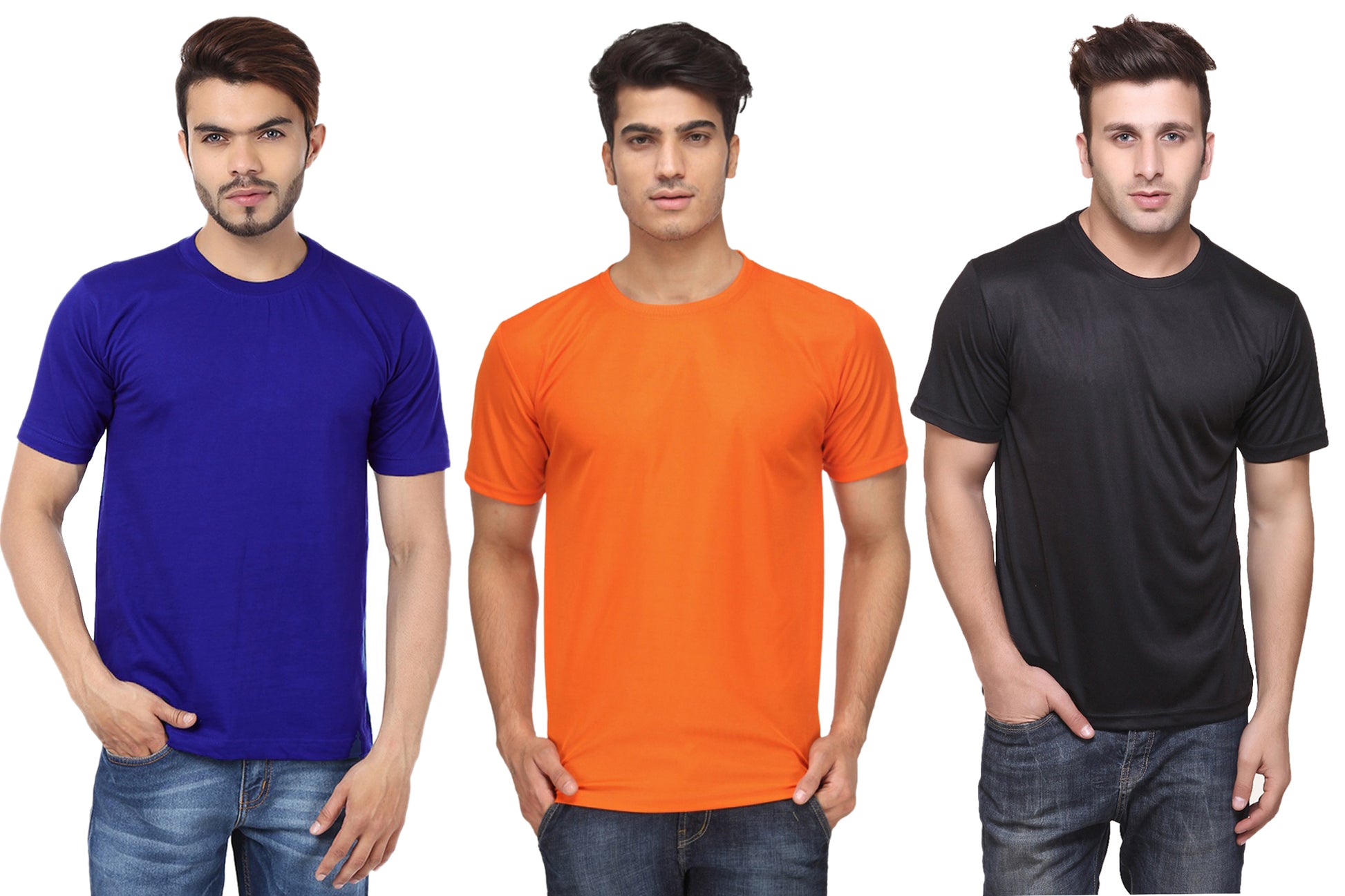 Set of three multicolor men's polyester blend Dri-Fit T-shirts with round necks, ideal for activewear and casual wear.