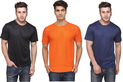 Set of three multicolor men's polyester blend Dri-Fit round neck T-shirts by Ketex, featuring comfortable, athletic fit for men.