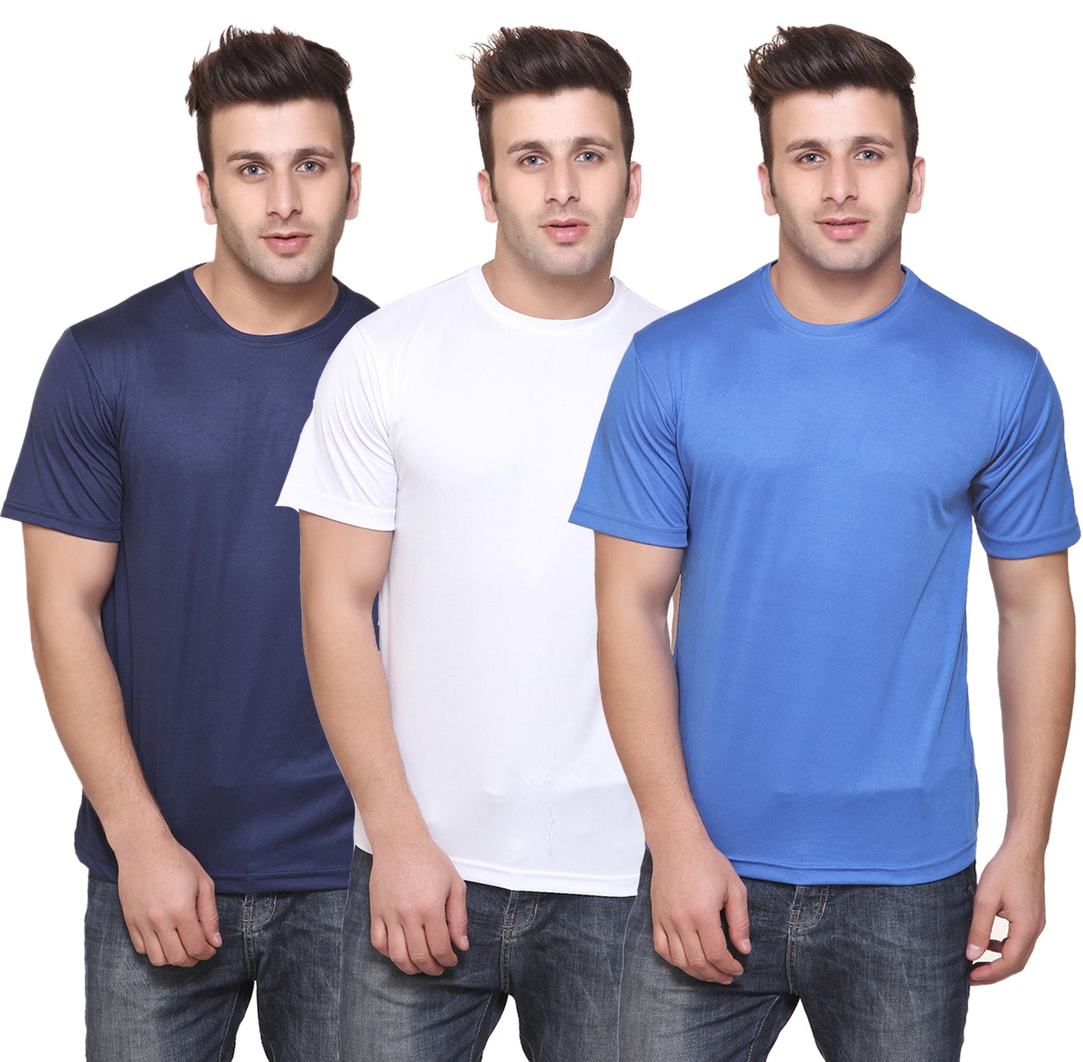 Set of three multicolor Ketex men's polyester blend Dri-Fit round neck T-shirts in 2XL size, shown laid flat.