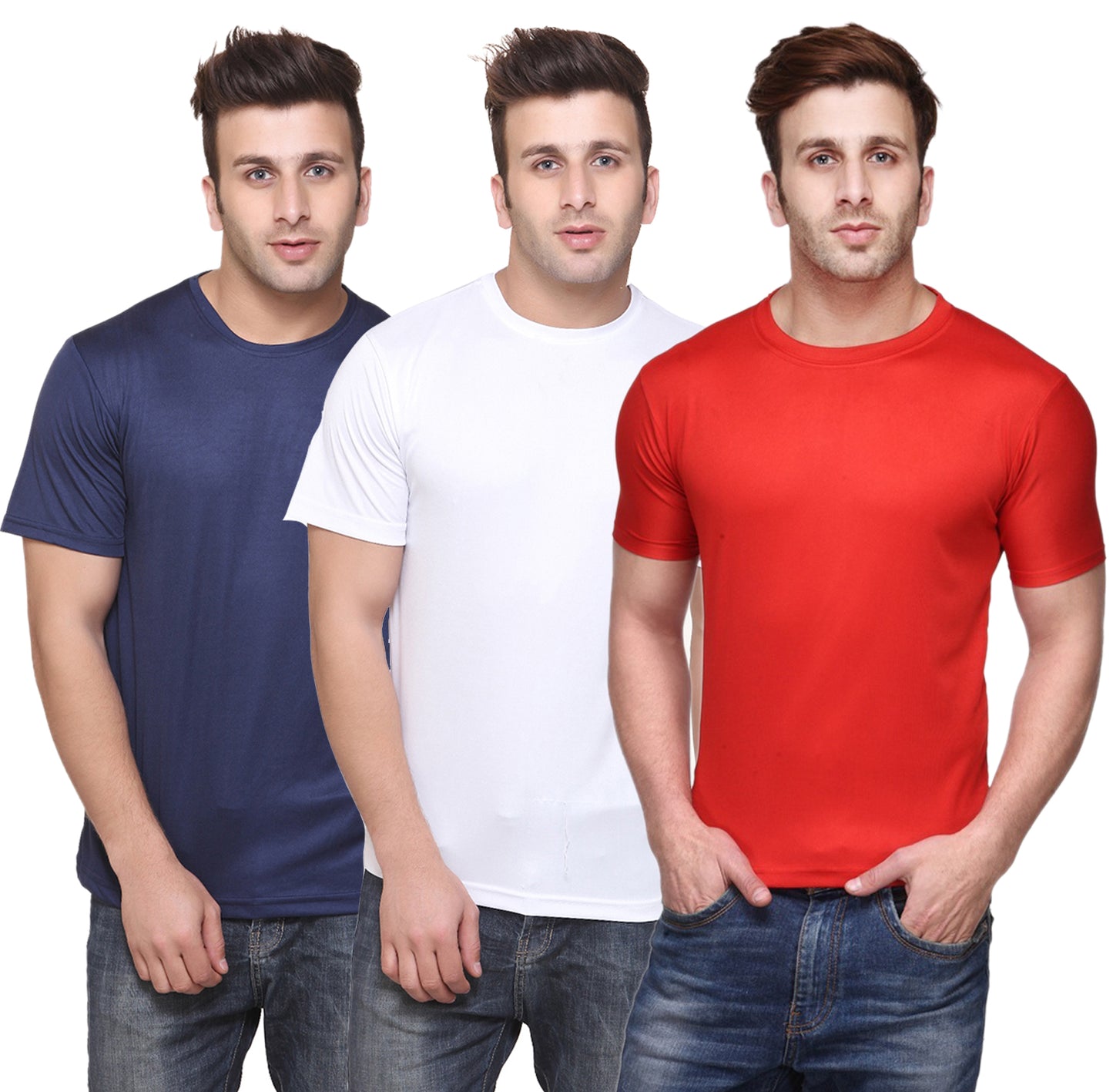 Set of three multicolor Ketex men's polyester blend Dri-Fit round neck T-shirts in 2XL size, featuring comfortable, breathable fabric.