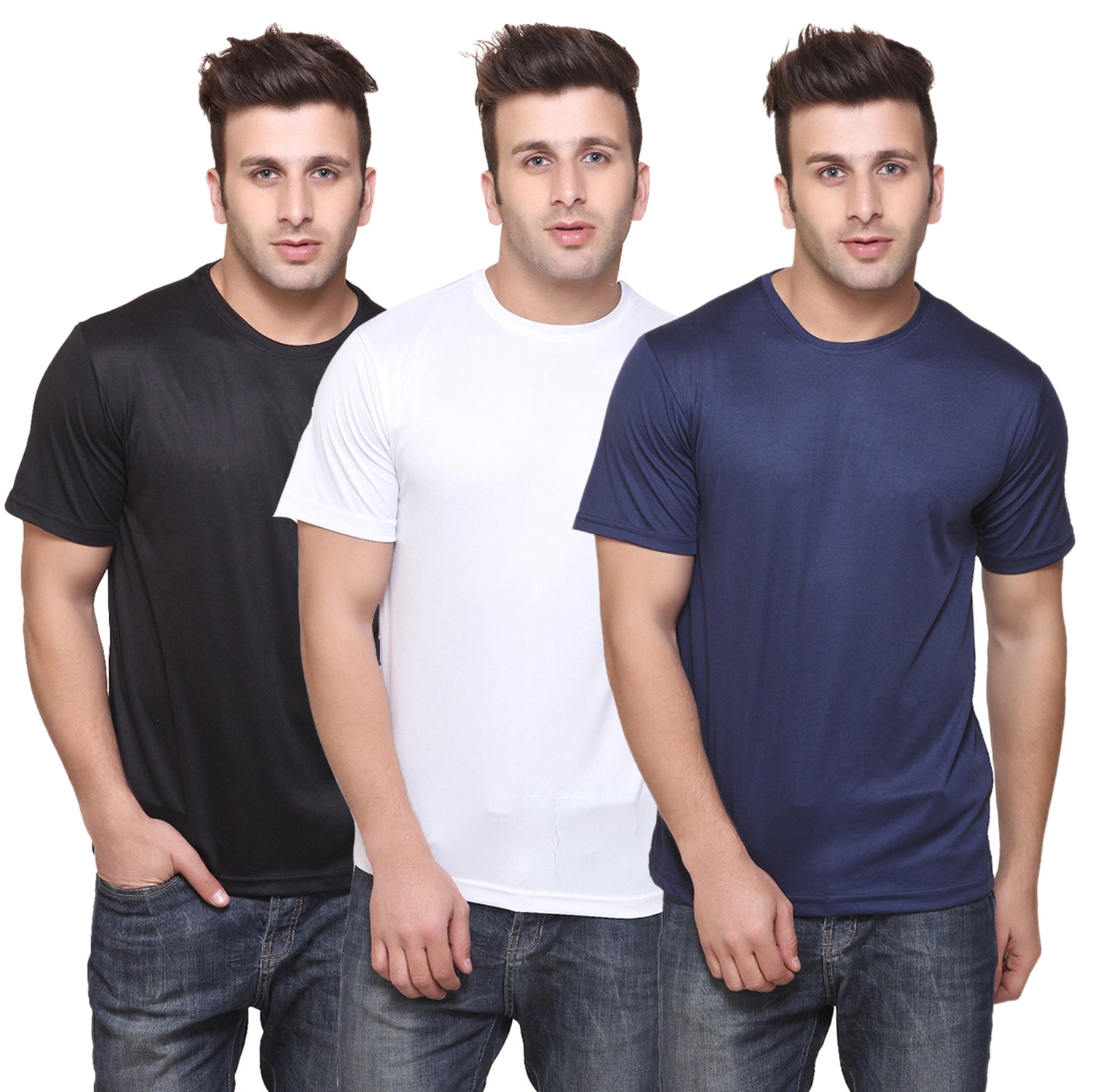 Set of three multicolor men's polyester blend Dri Fit round neck T-shirts by Ketex, displayed in 2XL size.