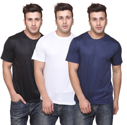 Set of three multicolor men's polyester blend Dri Fit round neck T-shirts by Ketex, displayed in 2XL size.