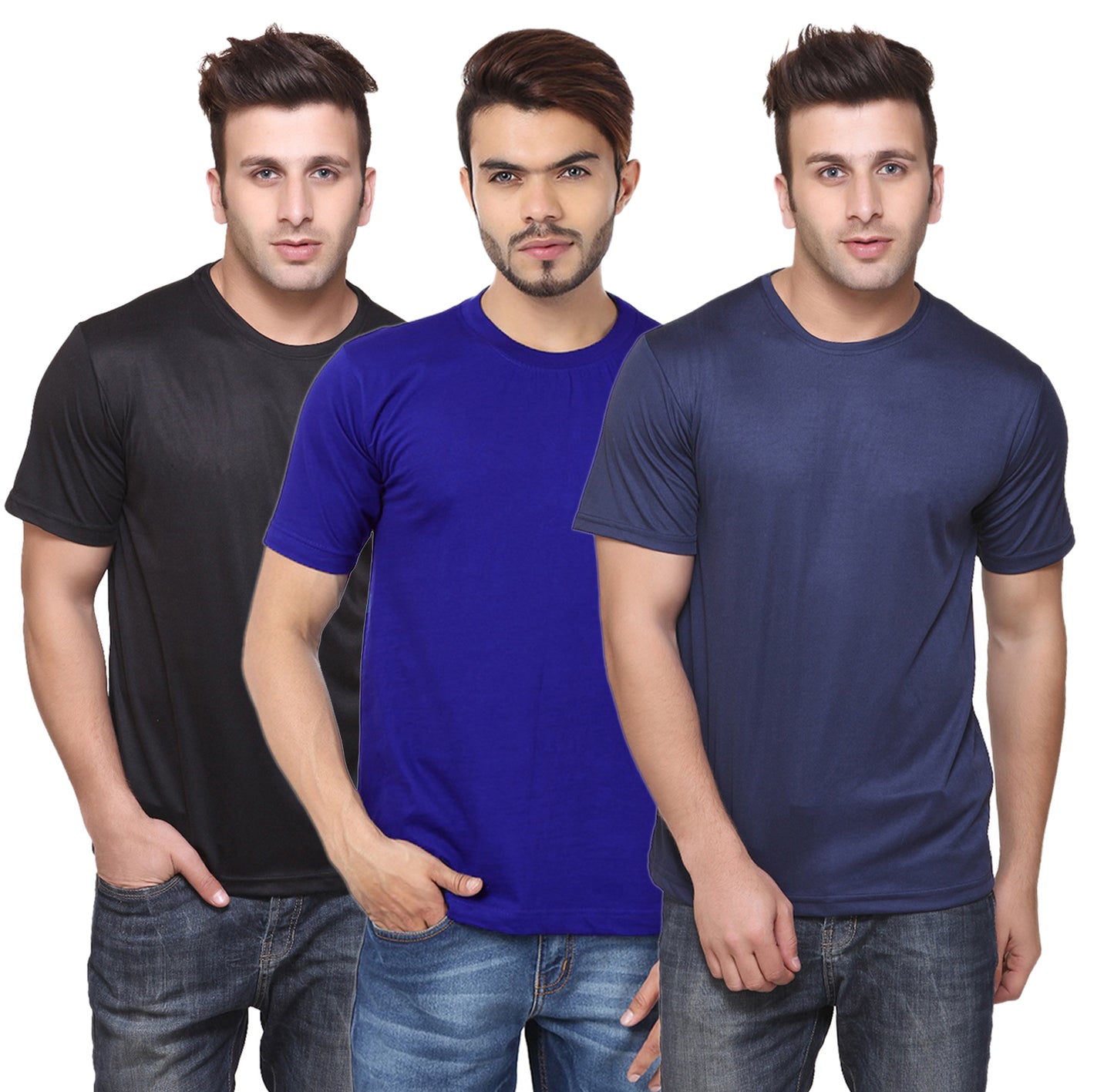 Set of 3 multicolor men's polyester blend Dri-Fit round neck T-shirts by Ketex, in 2XL size, displayed flat.