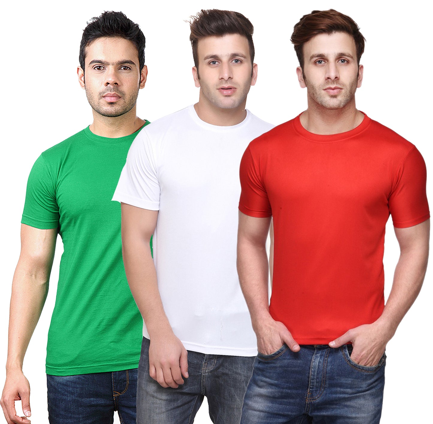 Set of three multicolor Ketex men's polyester blend Dri-Fit round neck T-shirts in 2XL size, displayed flat for casual wear.