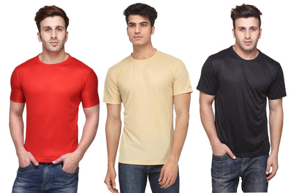 Set of three multicolor Ketex men's polyester blend dri-fit round neck T-shirts, 2XL size, casual athletic apparel.