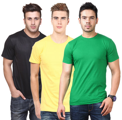 Set of 3 multicolor men's polyester blend Dri-Fit round neck T-shirts by Ketex in 2XL size, displayed flat with visible necklines