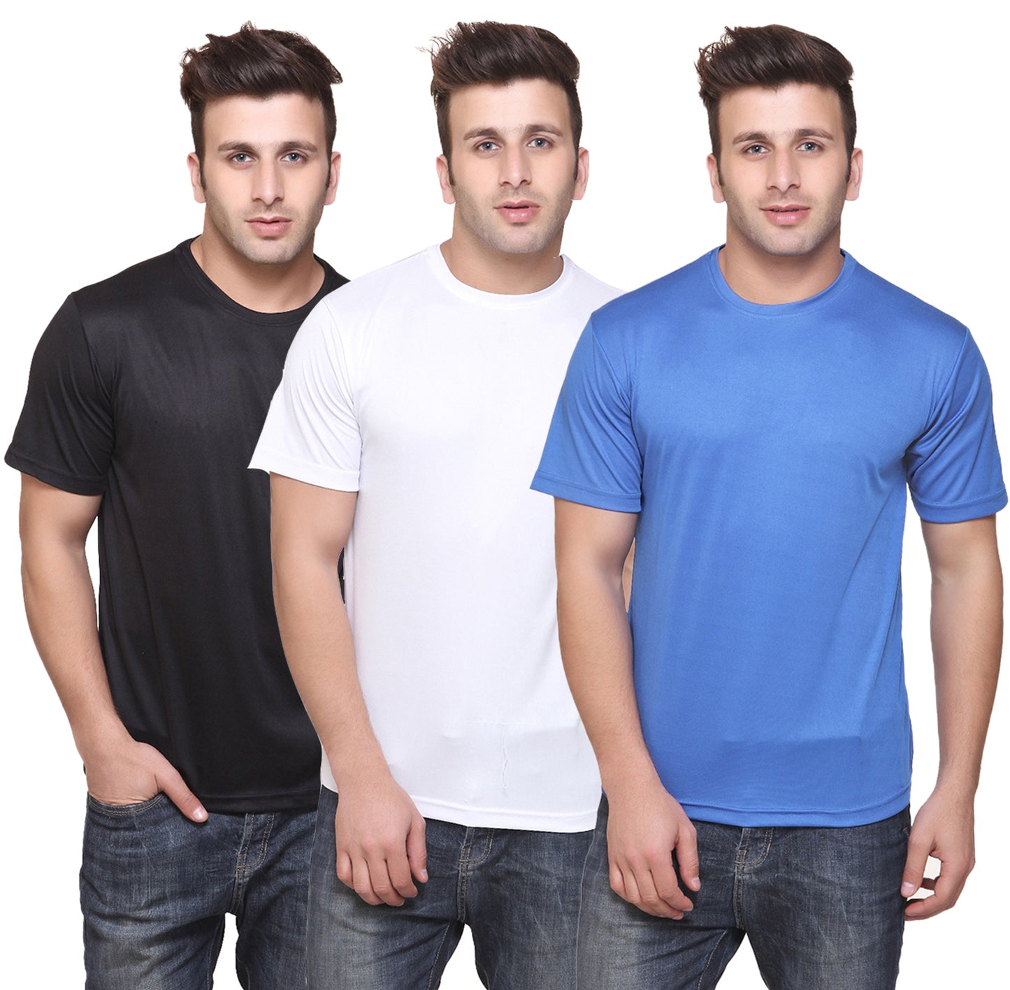 Set of three multicolor men's polyester blend Dri-Fit T-shirts with round neck from Ketex, size 2XL, casual athletic wear.