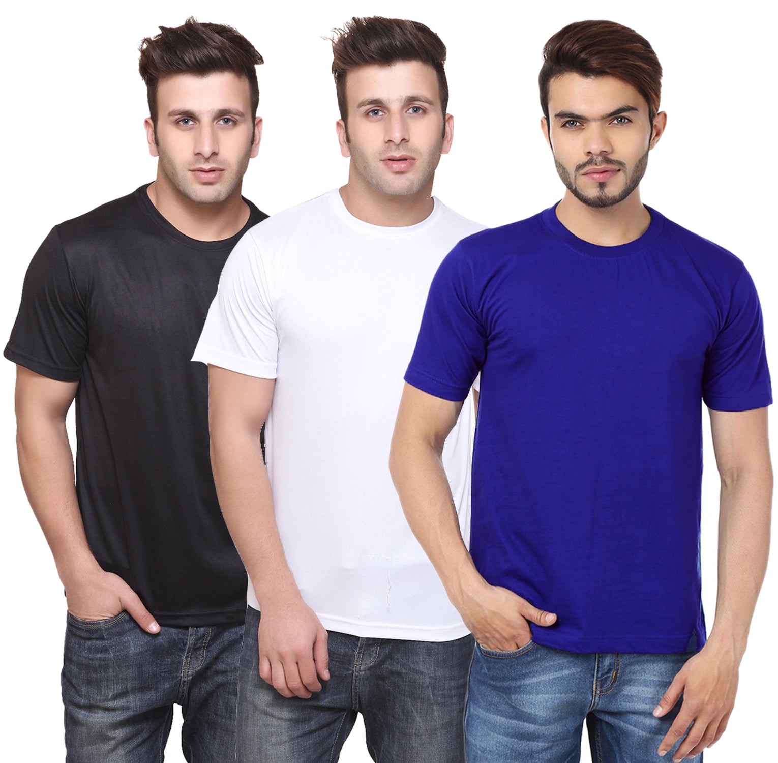 Set of three multicolor Ketex men's polyester blend dri-fit round neck T-shirts in 2XL, displayed flat on a white background.