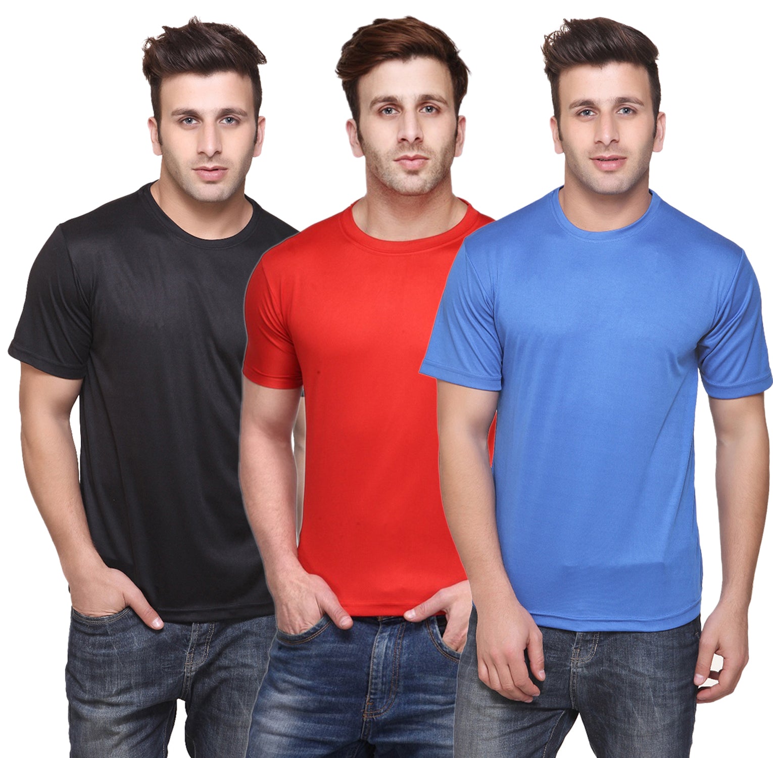 Set of three colorful men's Dri-Fit polyester blend round neck T-shirts by Ketex, shown in multicolor, 2XL size.
