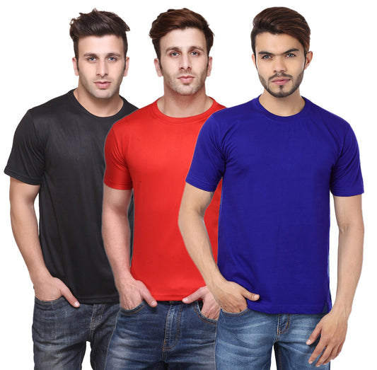 Set of three multicolor Ketex men's polyester blend dri-fit round neck T-shirts in 2XL, displayed flat with fabric texture visible.