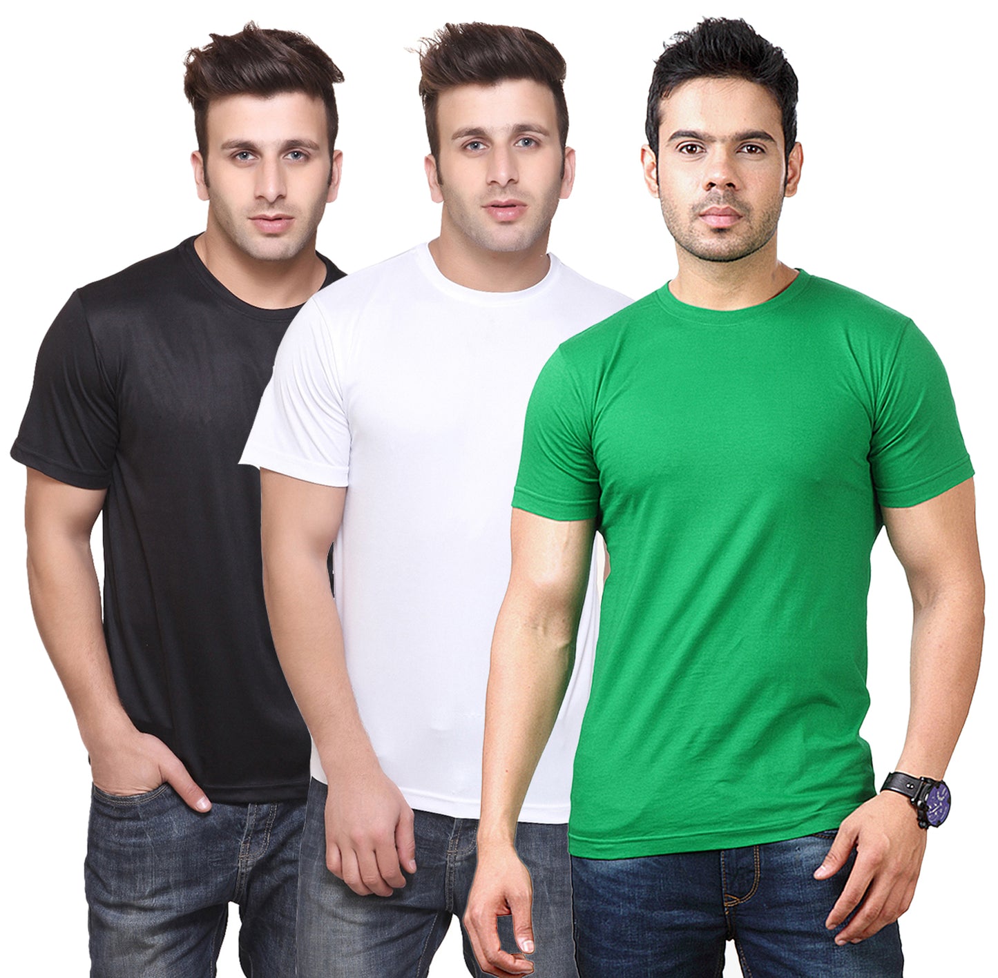 Set of three multicolor men's polyester blend Dri-Fit round neck T-shirts by 14398, shown in 2XL size.