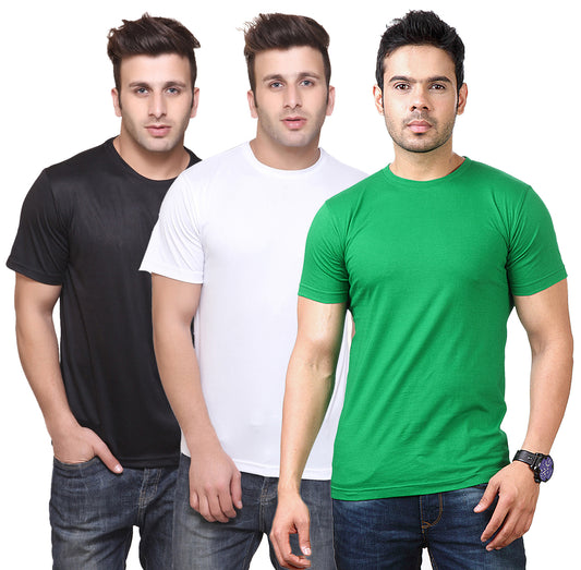 Set of three multicolor men's polyester blend Dri-Fit round neck T-shirts by 14398, shown in 2XL size.
