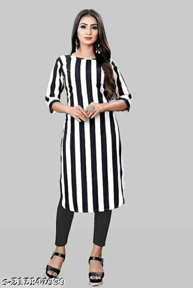 Black and white crepe striped Kurti for women by 1457, stylish women's kurti in size S with a casual, comfortable fit.
