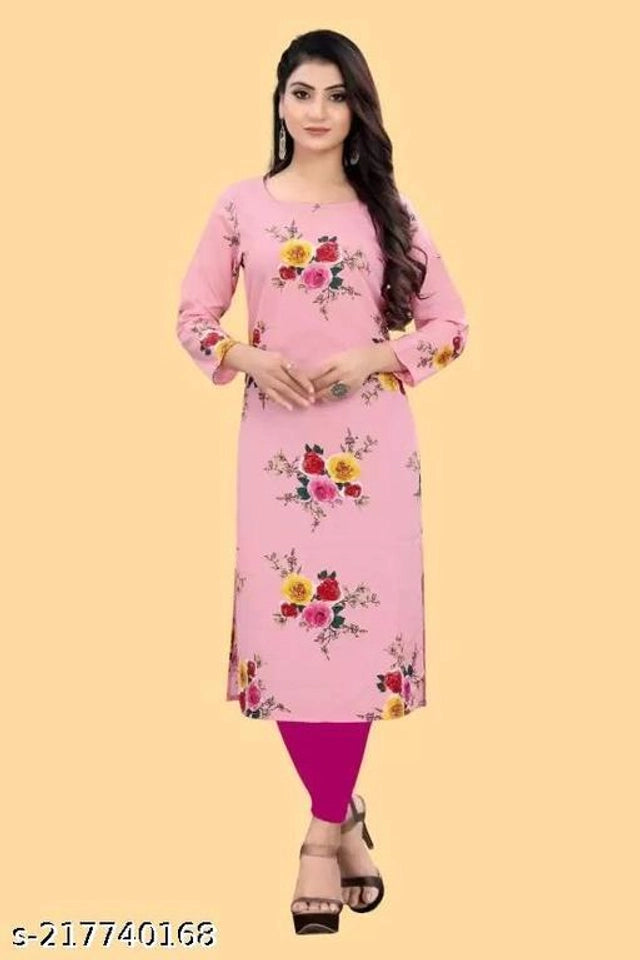 Pink crepe printed kurti for women by 1457, stylish short-sleeve women's kurti with vibrant floral design.