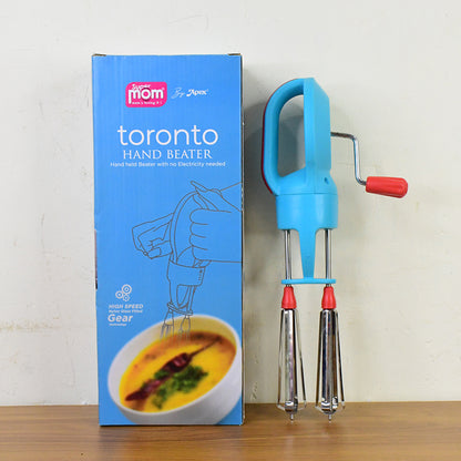 Wukusy Supermom manual hand beater with dual stainless steel whisks, ideal for mixing and whipping in the kitchen.