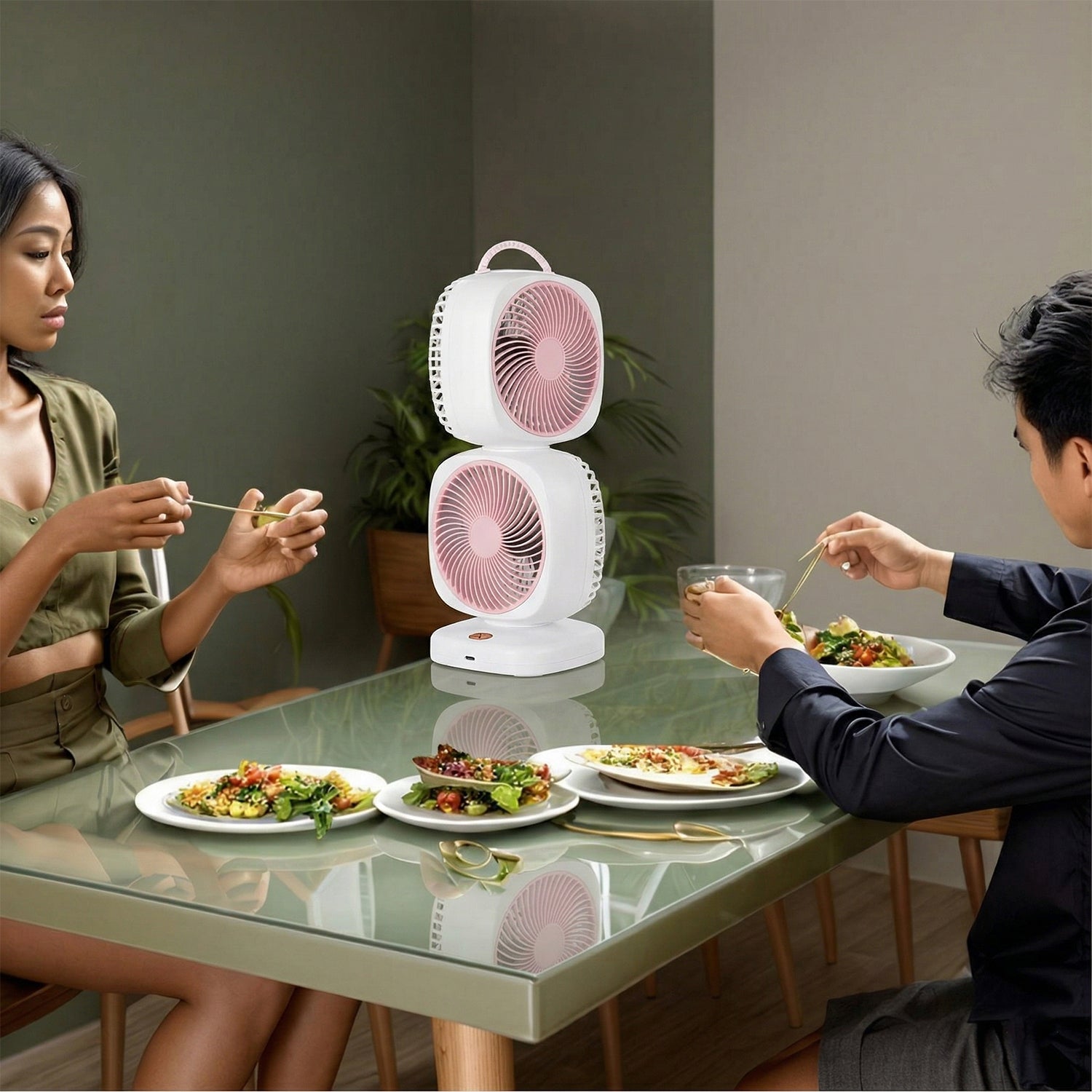 Wukusy portable dual head USB rechargeable table fan with adjustable heads and compact design.